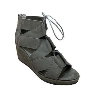 Eileen Fisher Dibs Gray Nubuck Leather Wedge Lace Up Sandals 6.5